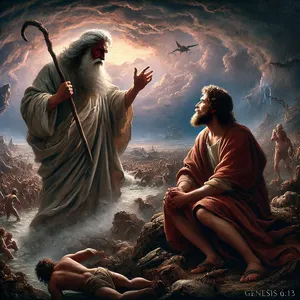 13. Da sprach Gott zu Noah: Das Ende alles Fleisches ist bei mir beschlossen; denn die Erde ist voll Frevels durch sie; und siehe, ich will sie verderben mit der Erde.